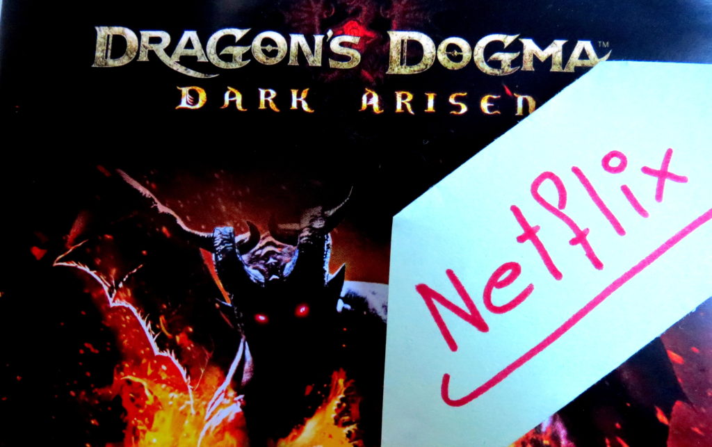 Cover des Videospiels "Draon's Dogma" mit einer handgeschriebenen Notiz "Netflix"
