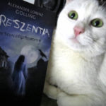 Das Buch "Creszentia" von Alexander Lorenz Golling neben einer weißen Katze, die mit aufgerissenen grünen Augen in die Kamera starrt.