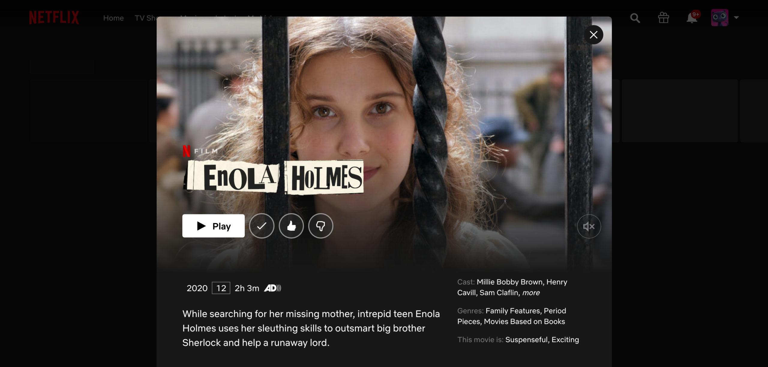 Screenshot der Enola Holmes Netflix Page | https://www.netflix.com/title/81277950