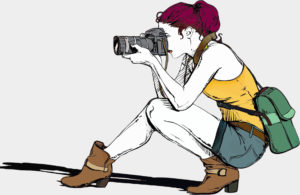 Zeichnung einer jungen Frau im Profil, die etwas fotografiert.