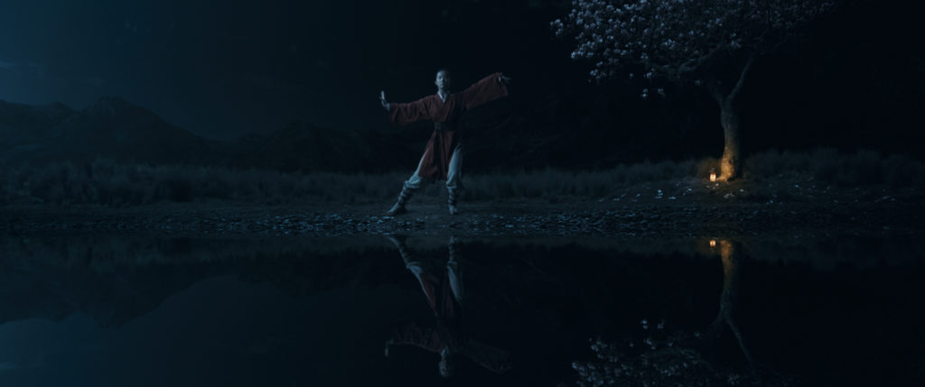 Mulan steht nachts an einem See und trainiert ihr Chi. Das ganze Bild ist sehr düster gehalten, sodass man fast nur Schemen erkennen kann.